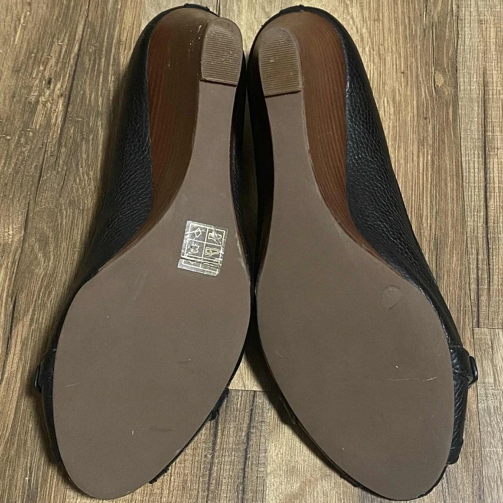 Tory Burch Black Leather Peep Toe Wedge Heels‎ Gold Logo Size 9M